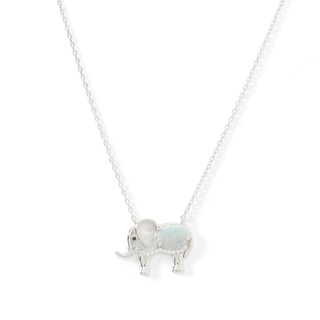 Sterling Silver Lab-Created Opal and White Sapphire with Black Spinel Elephant Pendant - 16" + 2"