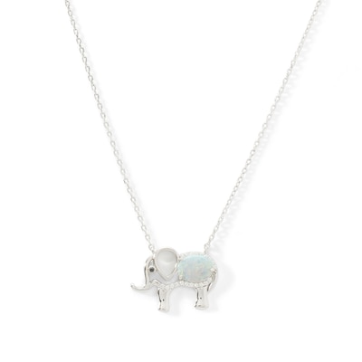 Sterling Silver Lab-Created Opal and White Sapphire with Black Spinel Elephant Pendant - 16" + 2"