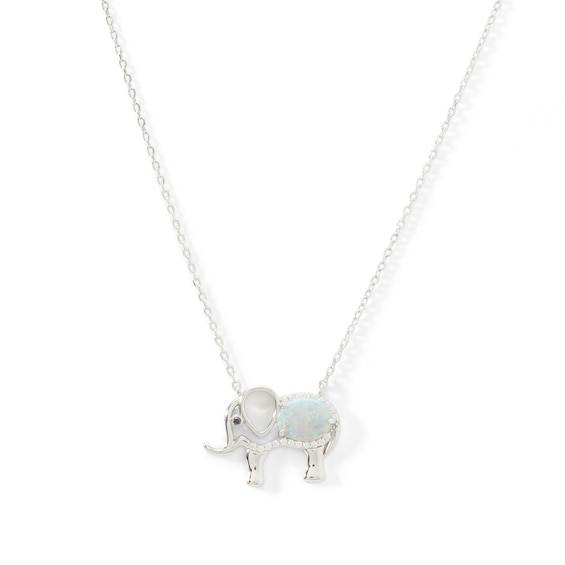 Sterling Silver Lab-Created Opal and White Sapphire with Black Spinel Elephant Pendant - 16" + 2"