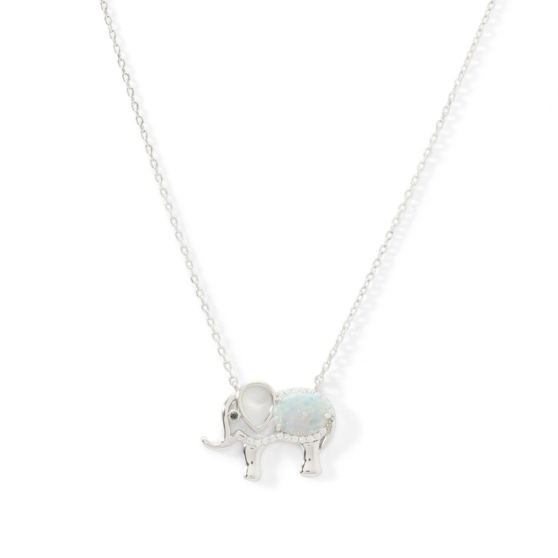 Oval Lab-Created Opal and White Sapphire with Black Spinel Elephant Necklace in Sterling Silver