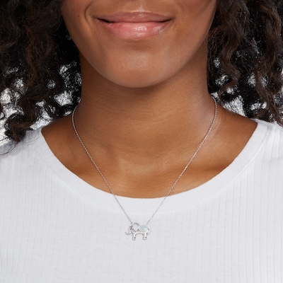 Sterling Silver Lab-Created Opal and White Sapphire with Black Spinel Elephant Pendant - 16" + 2"