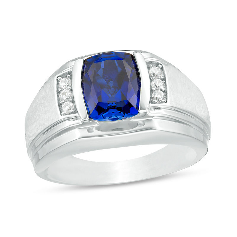 Main Image 1 of Barrel-Cut Lab-Created Blue and White Sapphire Ring in Sterling Silver