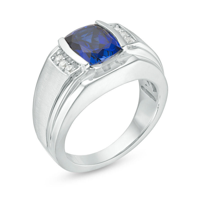 Main Image 2 of Barrel-Cut Lab-Created Blue and White Sapphire Ring in Sterling Silver