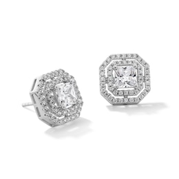 5mm Princess-Cut Cubic Zirconia Double Octagon Frame Stud Earrings in Solid Sterling Silver