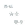 4mm Cubic Zirconia Solitaire with Star and Heart Cluster Stud Earrings Set in Sterling Silver