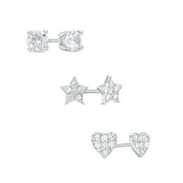 4mm Cubic Zirconia Solitaire with Star and Heart Cluster Stud Earrings Set in Sterling Silver