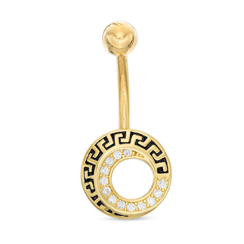 014 Gauge Cubic Zirconia Greek Key Swirl Belly Button Ring in Stainless Steel with Yellow IP