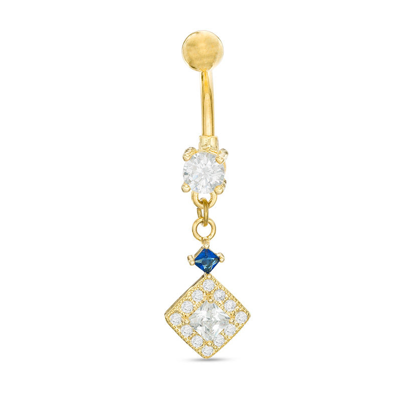 Main Image 1 of 014 Gauge Cubic Zirconia and Blue Glass Geometric Dangle Belly Button Ring in Stainless Steel with Yellow IP
