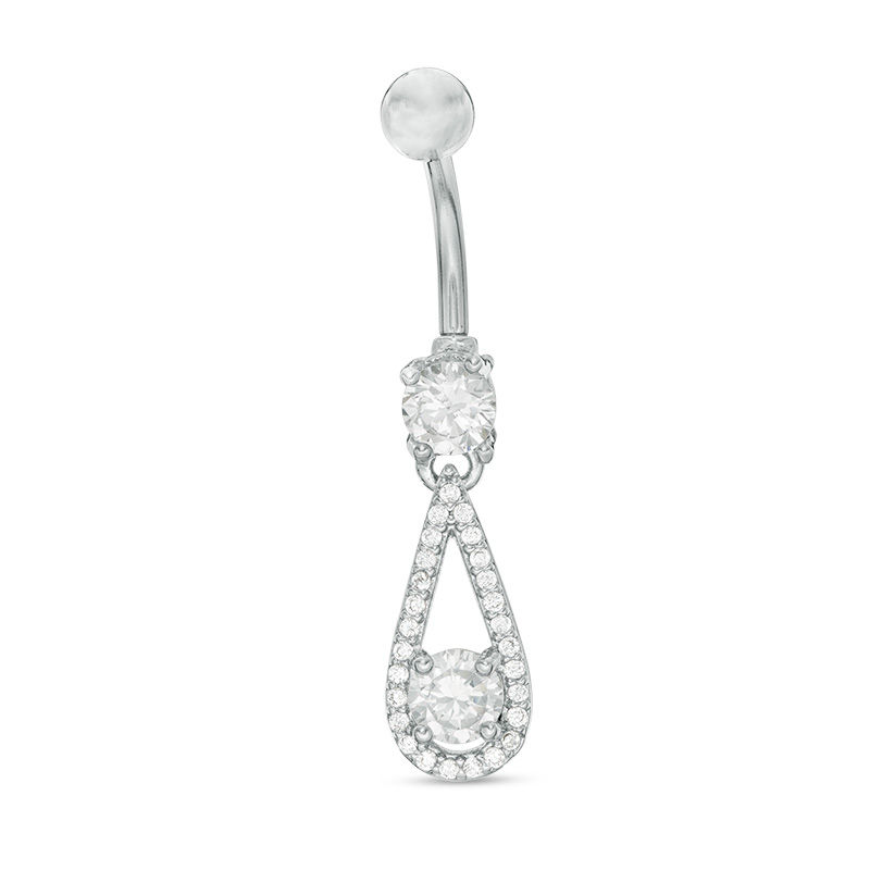 014 Gauge Cubic Zirconia Teardrop Frame Dangle Belly Button Ring in Stainless Steel