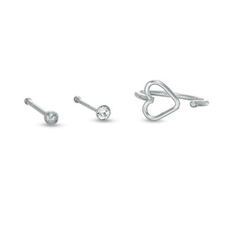 020 Gauge Cubic Zirconia and Heart Outline Three Piece Nose Stud Set in Sterling Silver