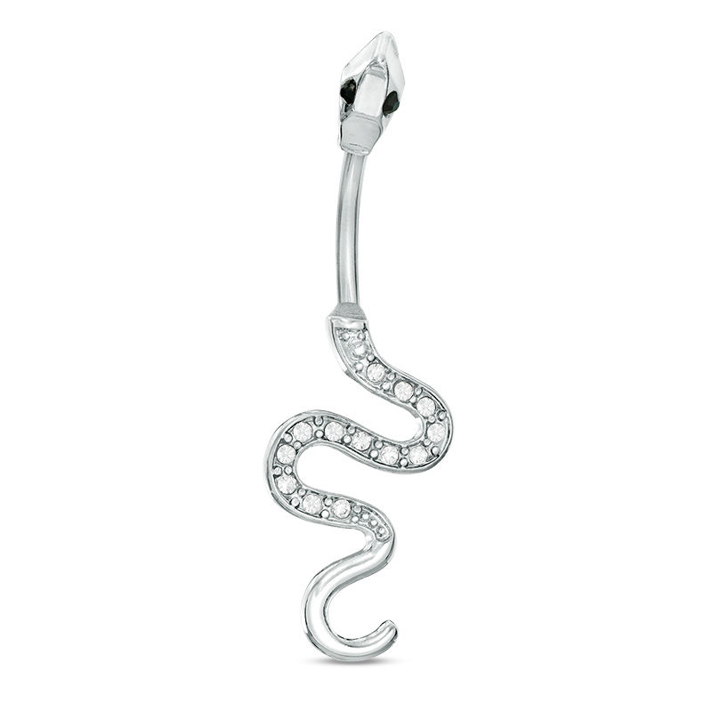 Main Image 1 of 014 Gauge Black and White Crystal Snake Belly Button Ring in Stainless Steel