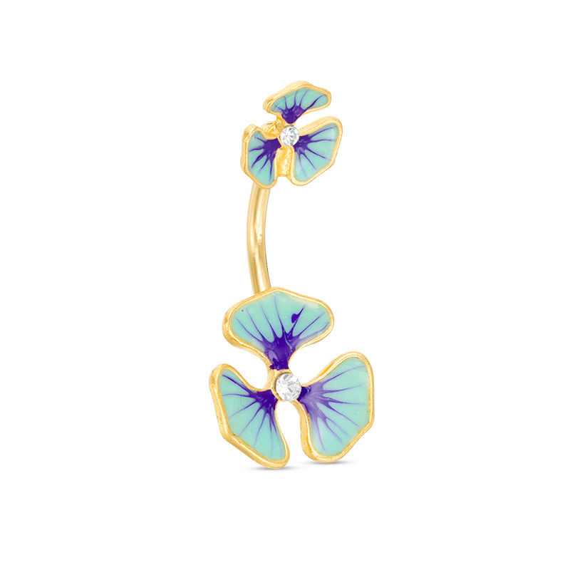 014 Gauge Crystal and Blue Enamel Floral Belly Button Ring in Stainless Steel with Yellow IP