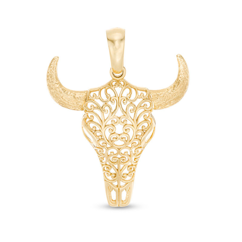 Main Image 1 of Filigree Bull Skull Necklace Charm in 10K Gold