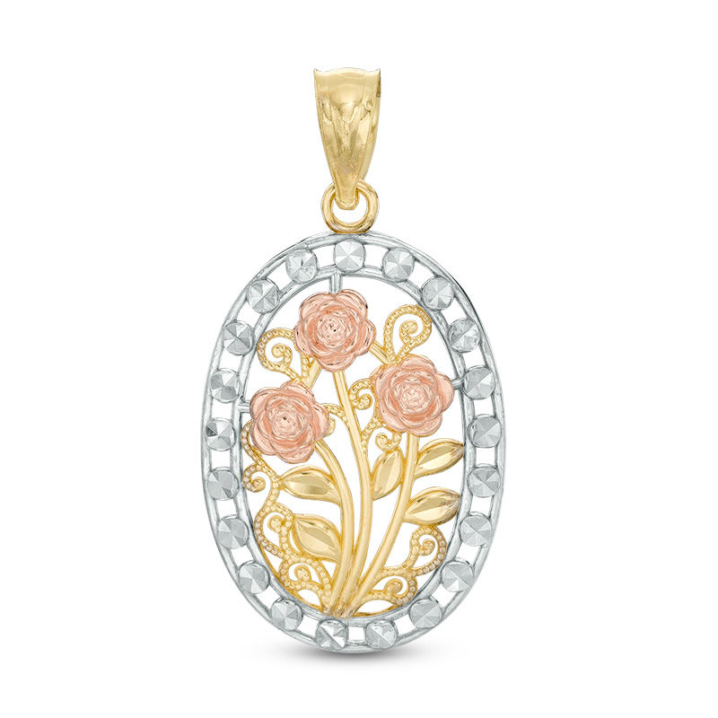 Diamond-Cut Roses Oval Frame Vintage-Style Necklace Charm in 10K Tri-Tone Gold