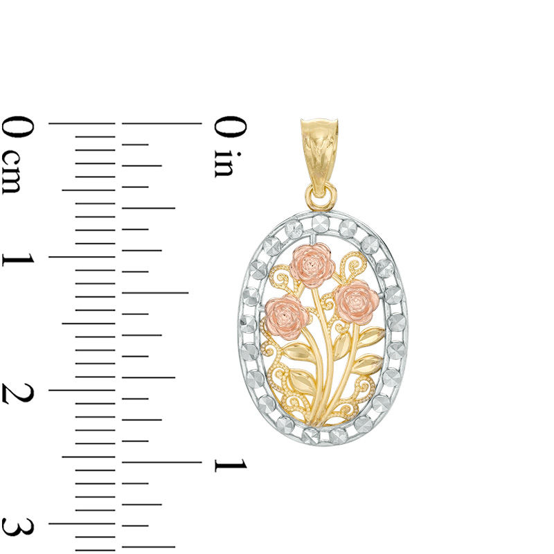 Main Image 2 of Diamond-Cut Roses Oval Frame Vintage-Style Necklace Charm in 10K Tri-Tone Gold