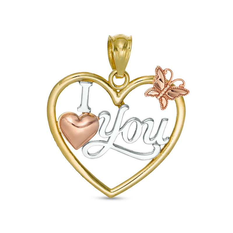 Main Image 1 of Diamond-Cut &quot;I Love You&quot; Heart Frame with Butterfly Accent Necklace Charm in 10K Tri-Tone Gold