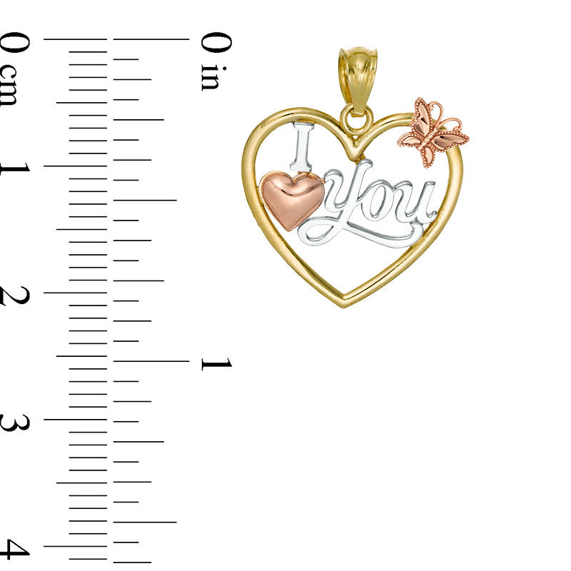 Main Image 2 of Diamond-Cut &quot;I Love You&quot; Heart Frame with Butterfly Accent Necklace Charm in 10K Tri-Tone Gold
