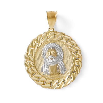 10K Gold Chain Framed Jesus Medallion Two-Tone Necklace Charm