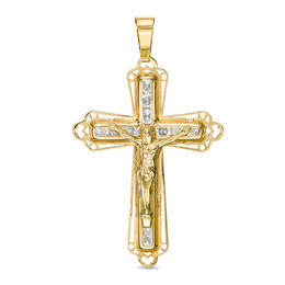 Cubic Zirconia Large Scallop Crucifix Necklace Charm in 10K Hollow Gold