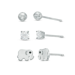 4mm Cubic Zirconia Solitaire, Ball and Elephant Stud Earrings Set in Sterling Silver