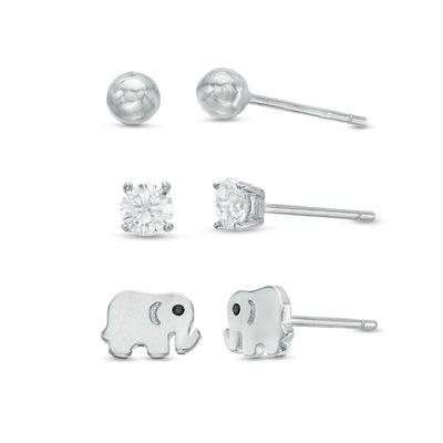 4mm Cubic Zirconia Solitaire, Ball and Elephant Stud Earrings Set in Sterling Silver