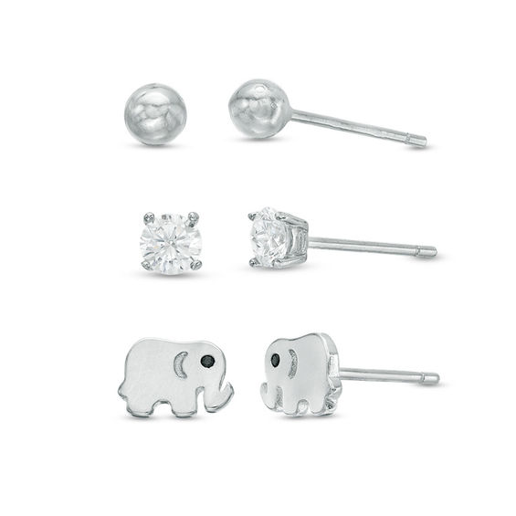 4mm Cubic Zirconia Solitaire, Ball and Elephant Stud Earrings Set in Sterling Silver