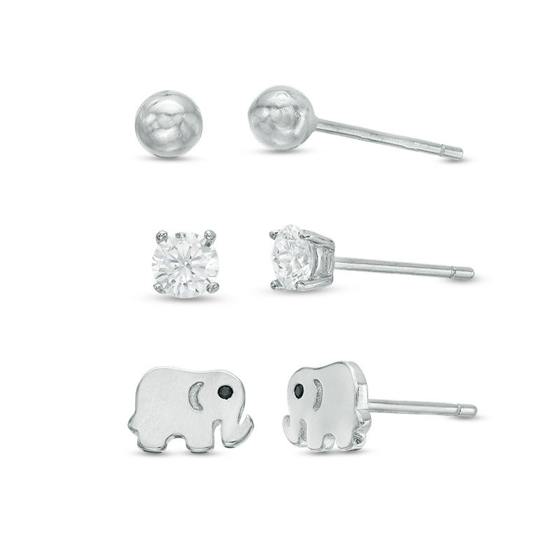 Main Image 1 of 4mm Cubic Zirconia Solitaire, Ball and Elephant Stud Earrings Set in Sterling Silver