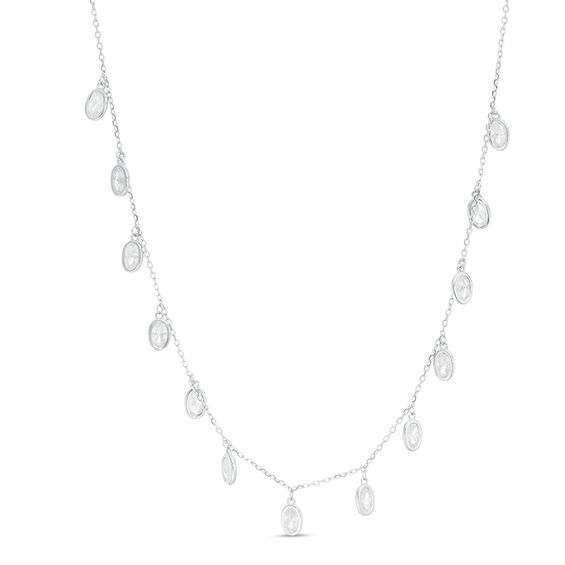 Oval Cubic Zirconia Dangle Station Necklace in Sterling Silver
