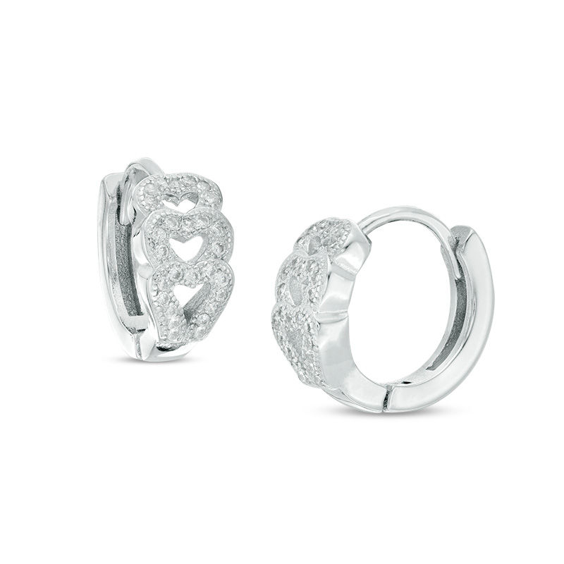 Cubic Zirconia Triple Stacked Hearts Vintage-Style Huggie Hoop Earrings in Sterling Silver