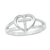 Thumbnail Image 1 of Diamond Accent Heart with Cross Split Shank Ring in Sterling Silver - Size 7