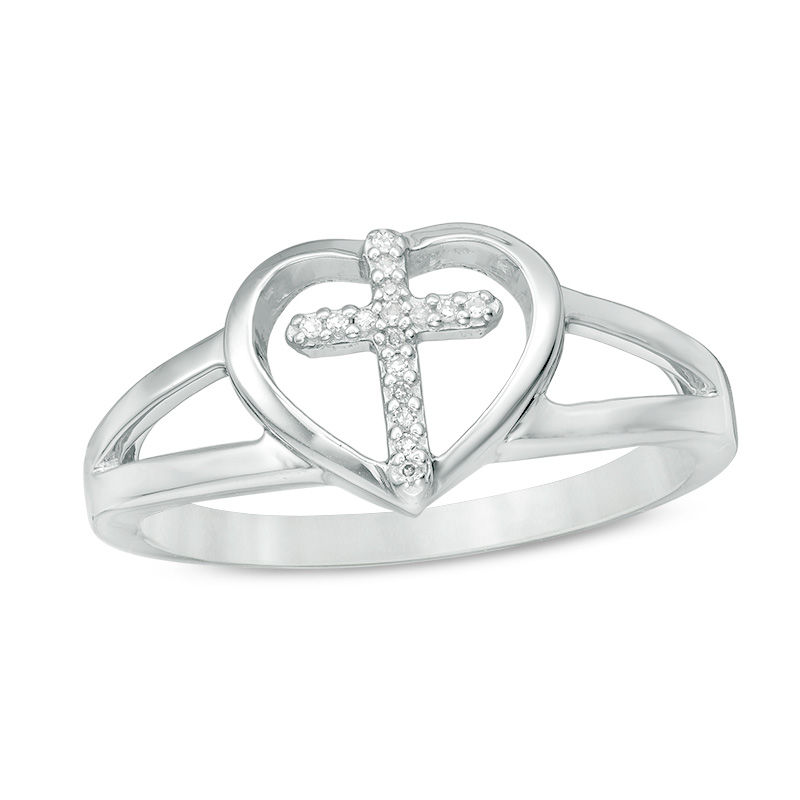 Diamond Accent Heart with Cross Split Shank Ring in Sterling Silver - Size 7