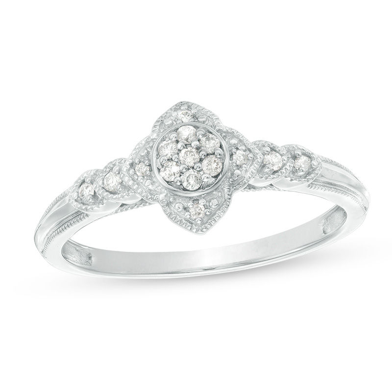 1/10 CT. T.W. Composite Diamond Floral Frame Vintage-Style Promise Ring in Sterling Silver - Size 7