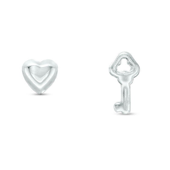 Puff Heart and Key Mismatch Stud Earrings in Sterling Silver