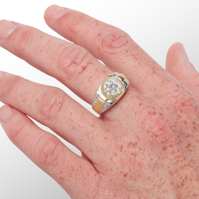 Main Image 3 of 1/20 CT. T.W. Composite Diamond Frame Ribbed Ring in Sterling Silver and 14K Gold Plate