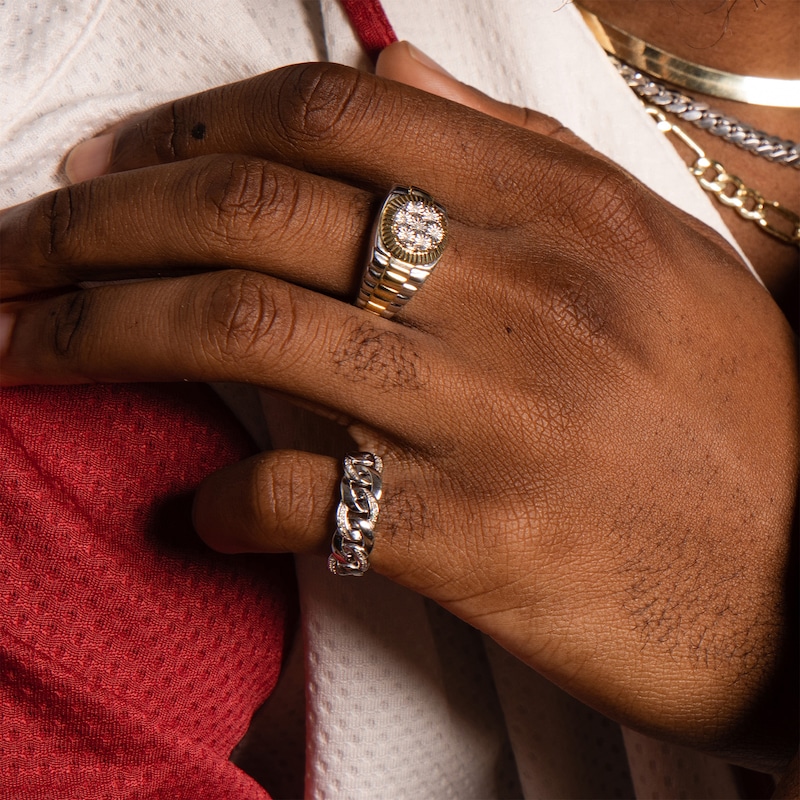 Main Image 4 of 1/20 CT. T.W. Composite Diamond Frame Ribbed Ring in Sterling Silver and 14K Gold Plate
