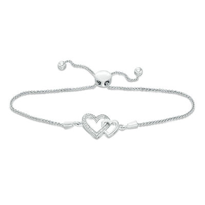 Diamond Accent Interlocking Double Heart Bolo Bracelet in Sterling Silver - 9.5"