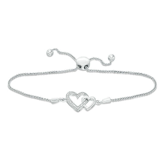 Diamond Accent Interlocking Double Heart Bolo Bracelet in Sterling Silver - 9.5"