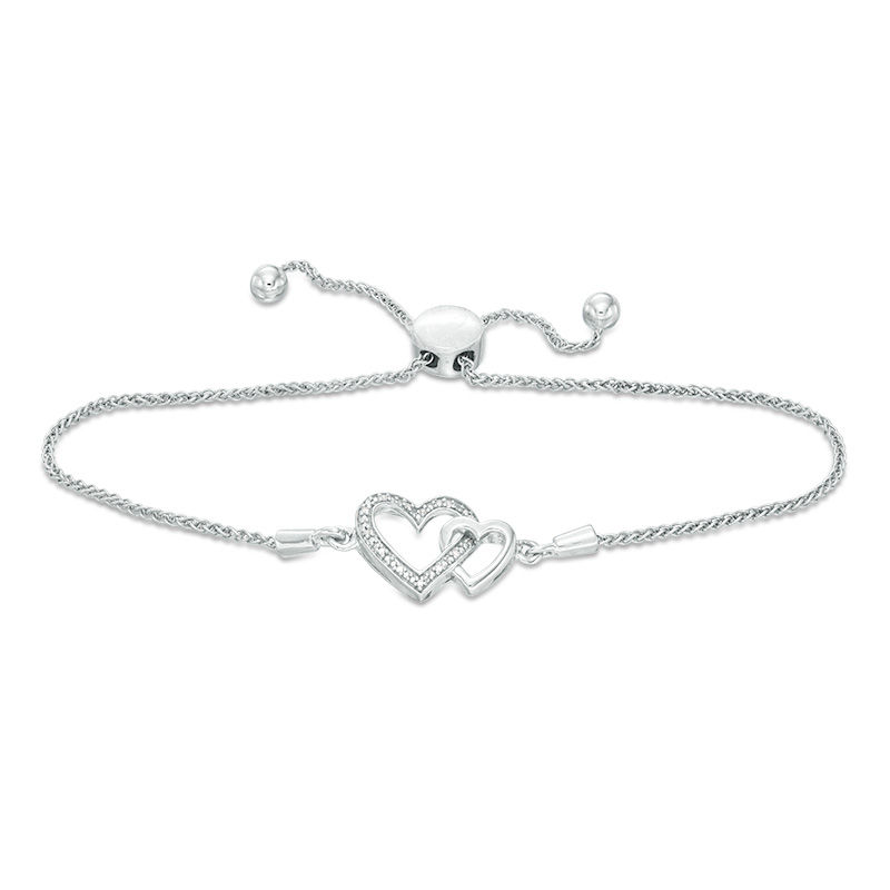 Main Image 1 of Diamond Accent Interlocking Double Heart Bolo Bracelet in Sterling Silver - 9.5"