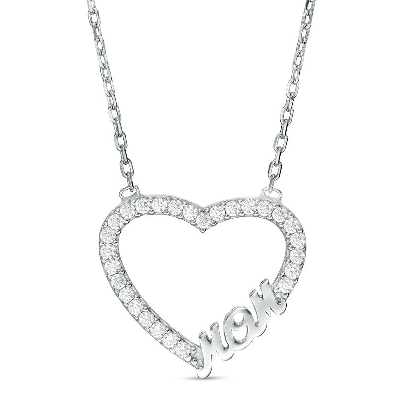 Main Image 1 of Cubic Zirconia "MOM" Heart Necklace in Sterling Silver - 17.75"
