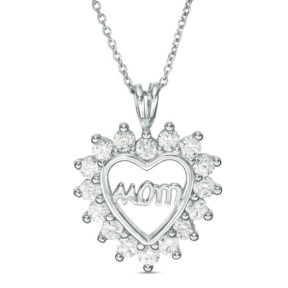 Cubic Zirconia "Mom" Shadow Heart Pendant in Sterling Silver