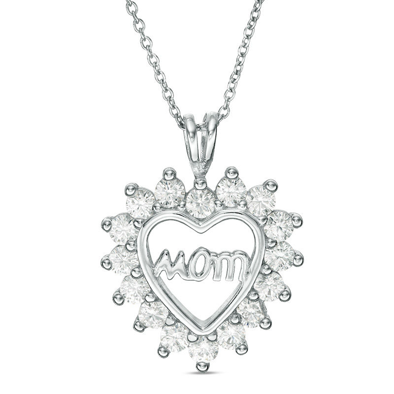 Cubic Zirconia "Mom" Shadow Heart Pendant in Sterling Silver