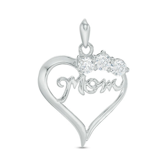 Cubic Zirconia "Mom" Heart Necklace Charm in Sterling Silver