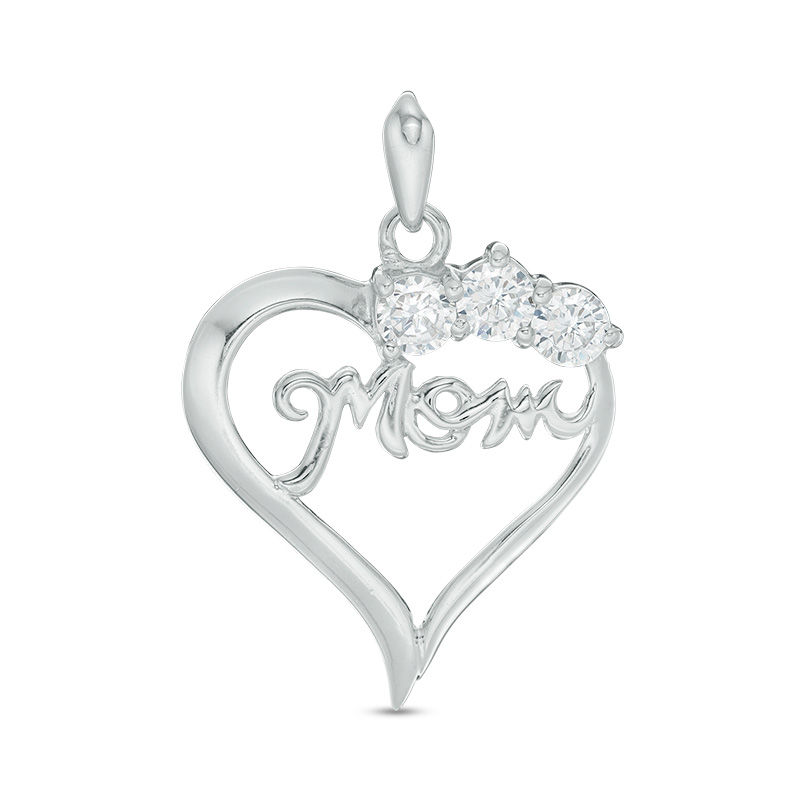 Main Image 1 of Cubic Zirconia "Mom" Heart Necklace Charm in Sterling Silver
