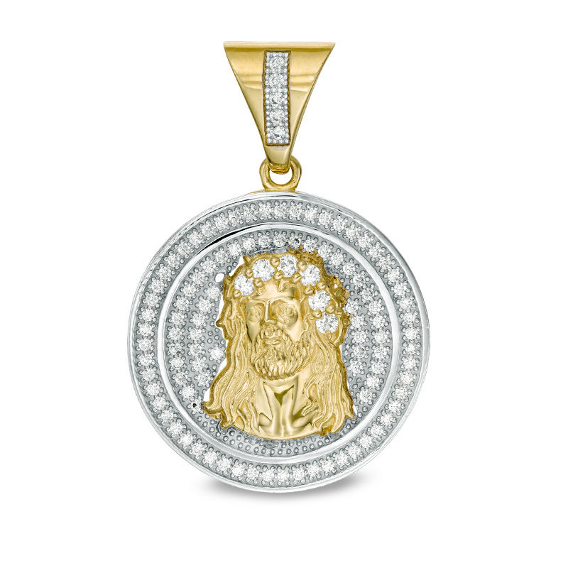Cubic Zirconia Pavé Frame Jesus Head Medallion Necklace Charm in 10K Two-Tone Gold