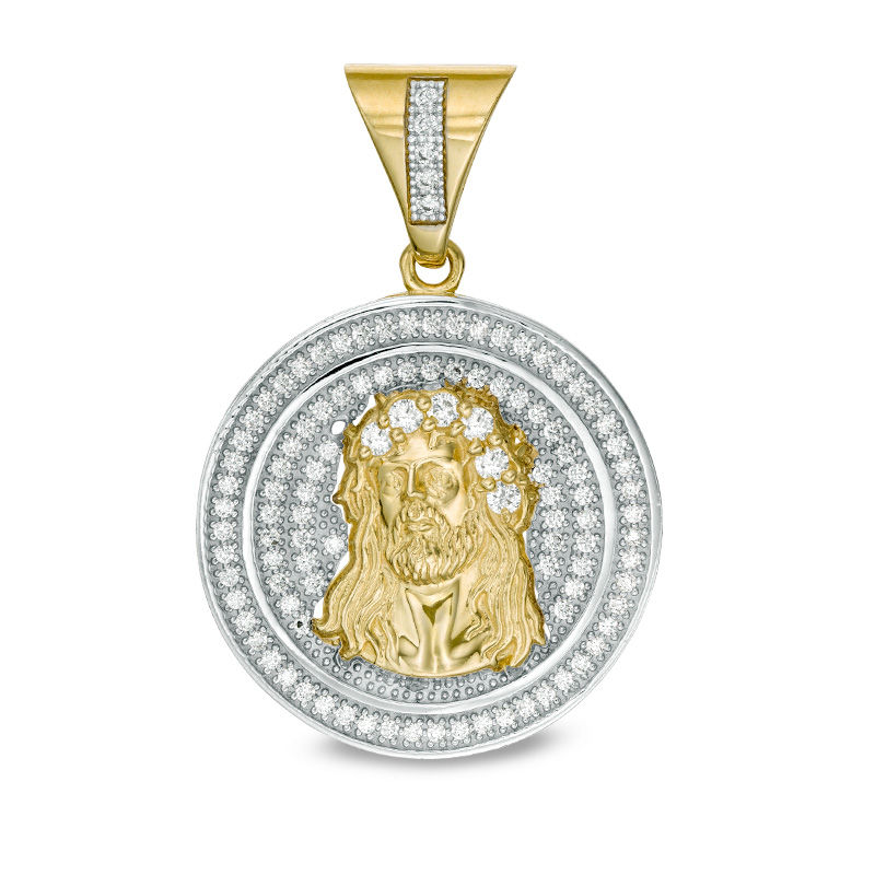 Main Image 1 of 10K Gold CZ Pavé Jesus Head Framed Medallion Two-Tone Necklace Charm