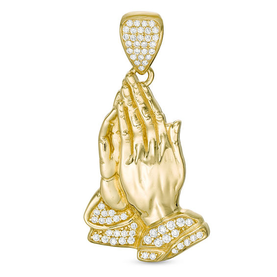 Cubic Zirconia PavÃ© Praying Hands Necklace Charm in 10K Gold