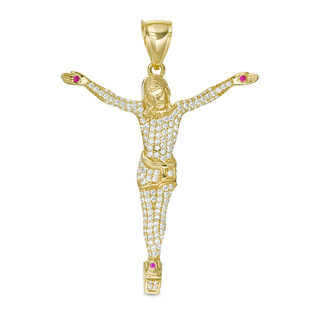 Red and White Cubic Zirconia Pavé Crucifix Necklace Charm in 10K Gold