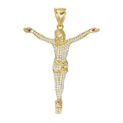 Red and White Cubic Zirconia Pavé Crucifix Necklace Charm in 10K Gold