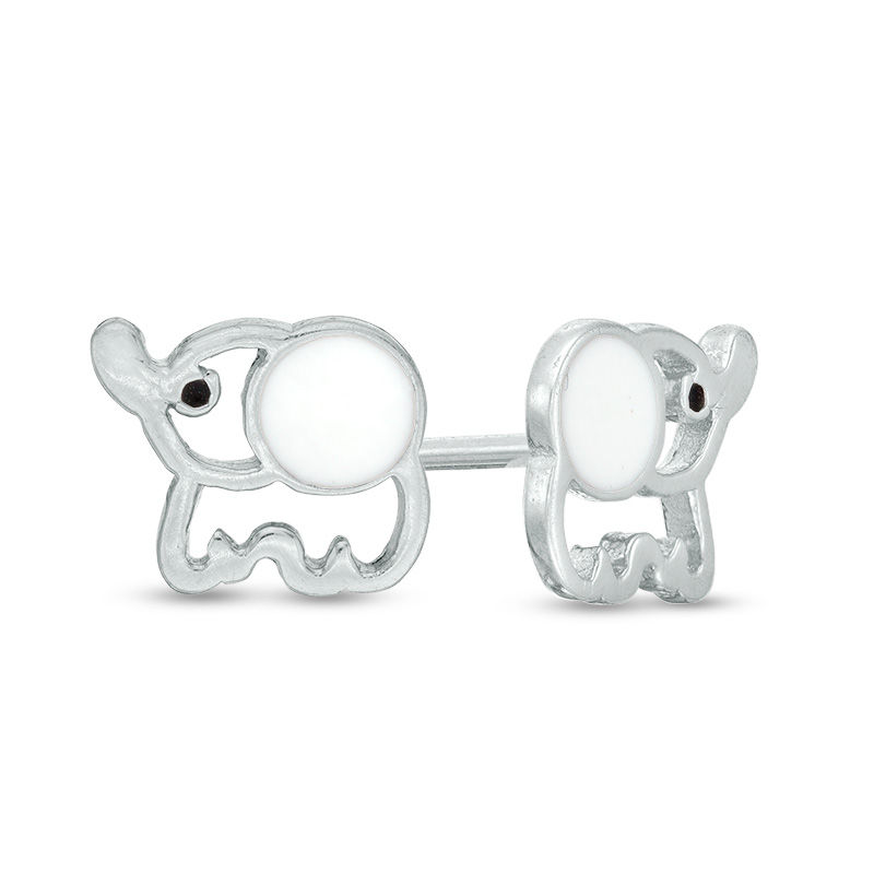 Child's Black and White Enamel Elephant Outline Stud Earrings in Sterling Silver