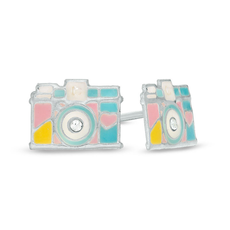 Main Image 1 of Child's Crystal and Multi-Color Enamel Camera Stud Earrings in Sterling Silver